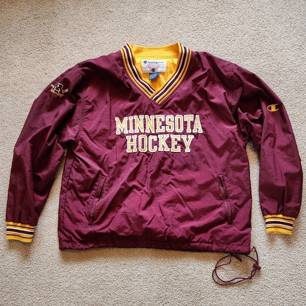 Champion 1990s "Minnesota Hockey" Yellow & Maroon V‑Neck Pullover - Size L